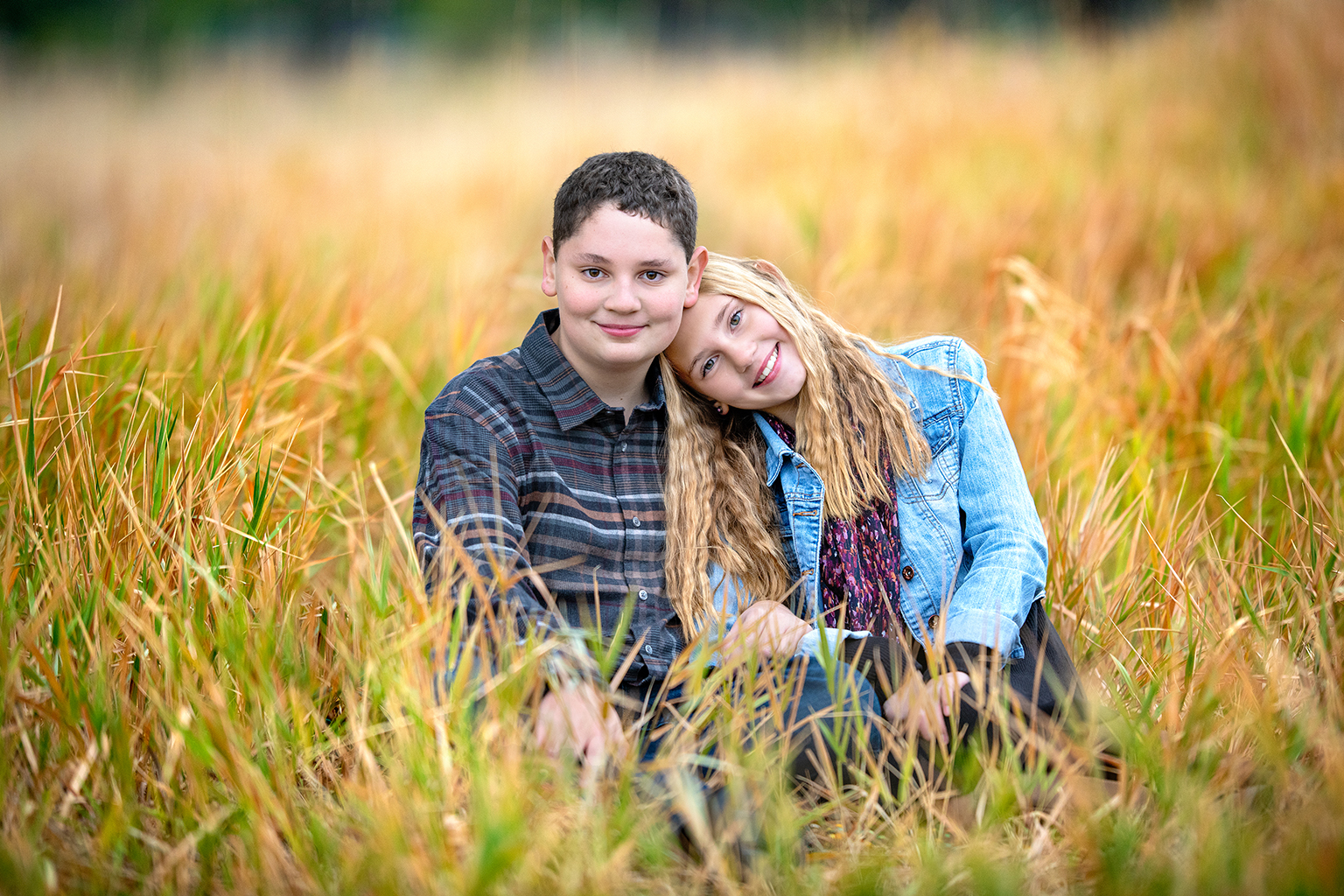 A brother with a sister sitting in a field.