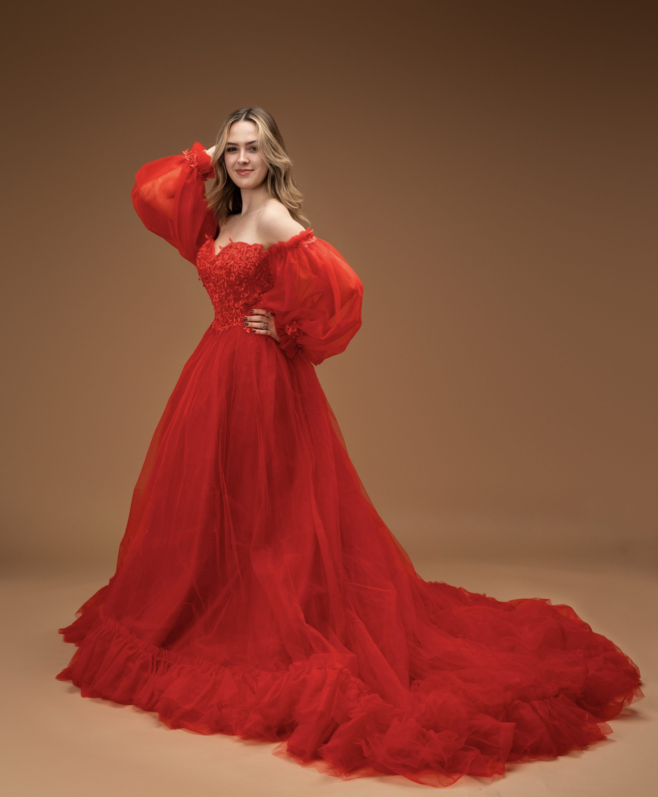 Red Lace and Tulle Off the Shoulders Handmade Maxi Gown