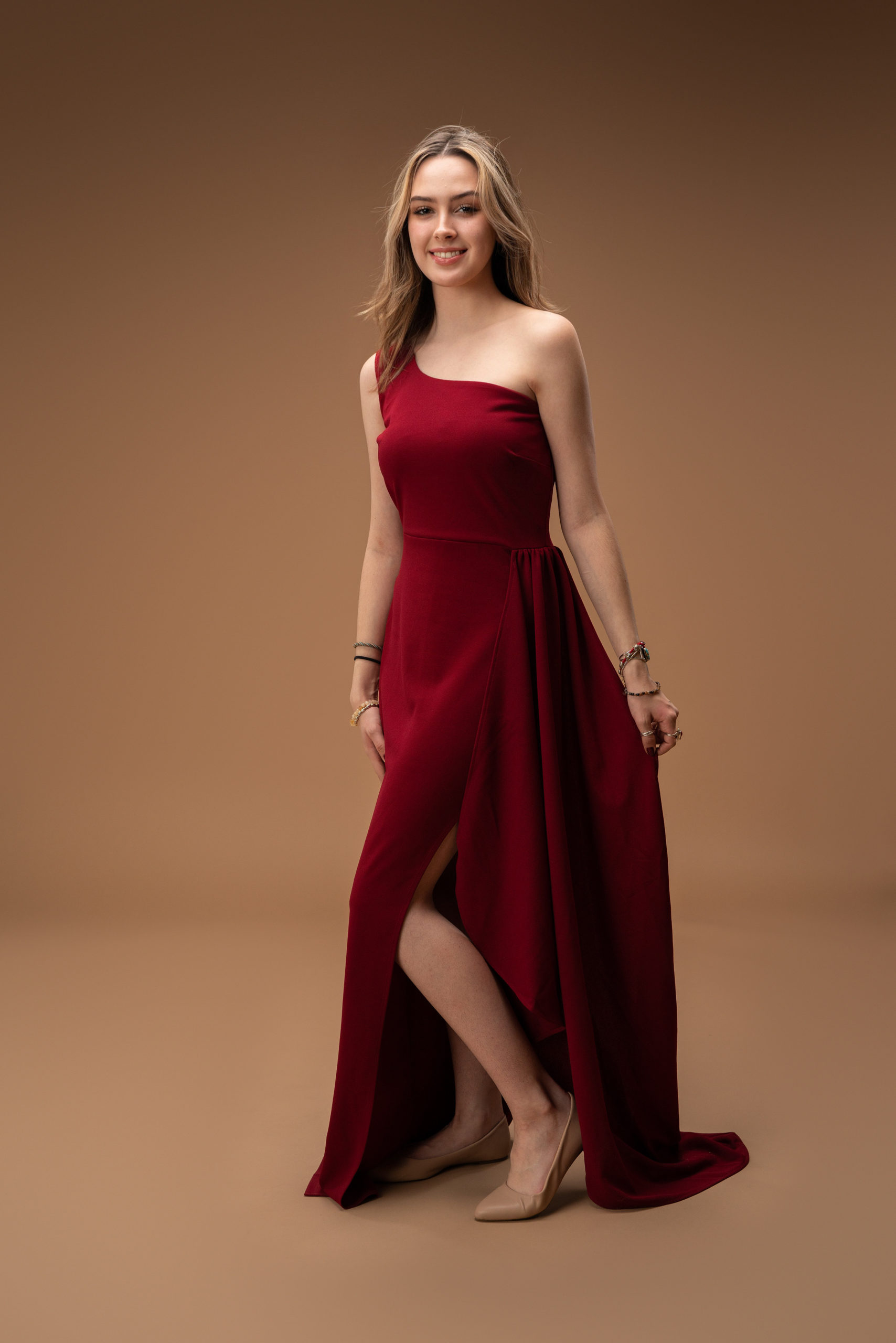 Red One Shoulder Maxi Dress with a Side Train