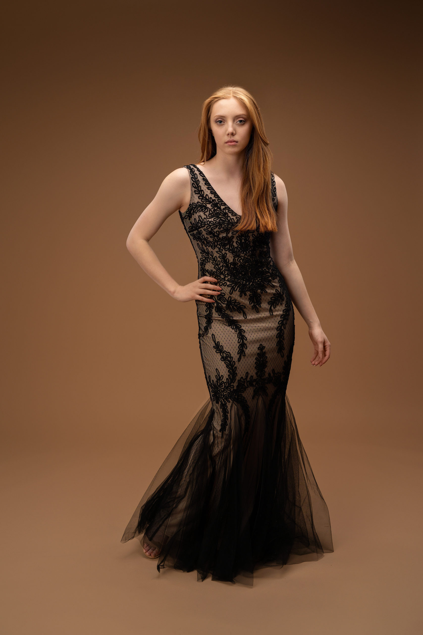 Black Lace Sleeveless Maxi Gown with Tulle Mermaid Bottom