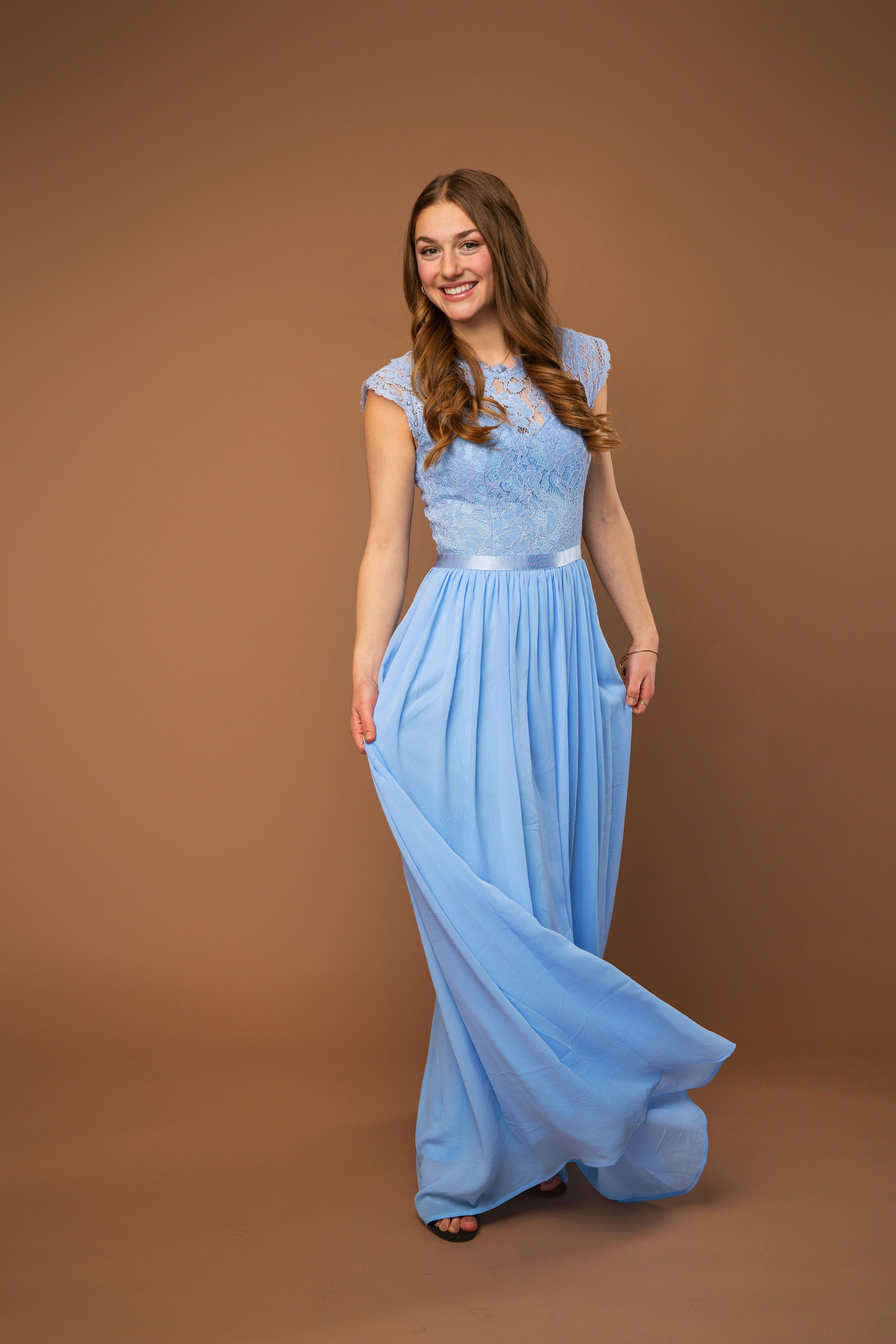 Light Blue Cap Sleeves Chiffon Maxi Dress with Floral Lace Top