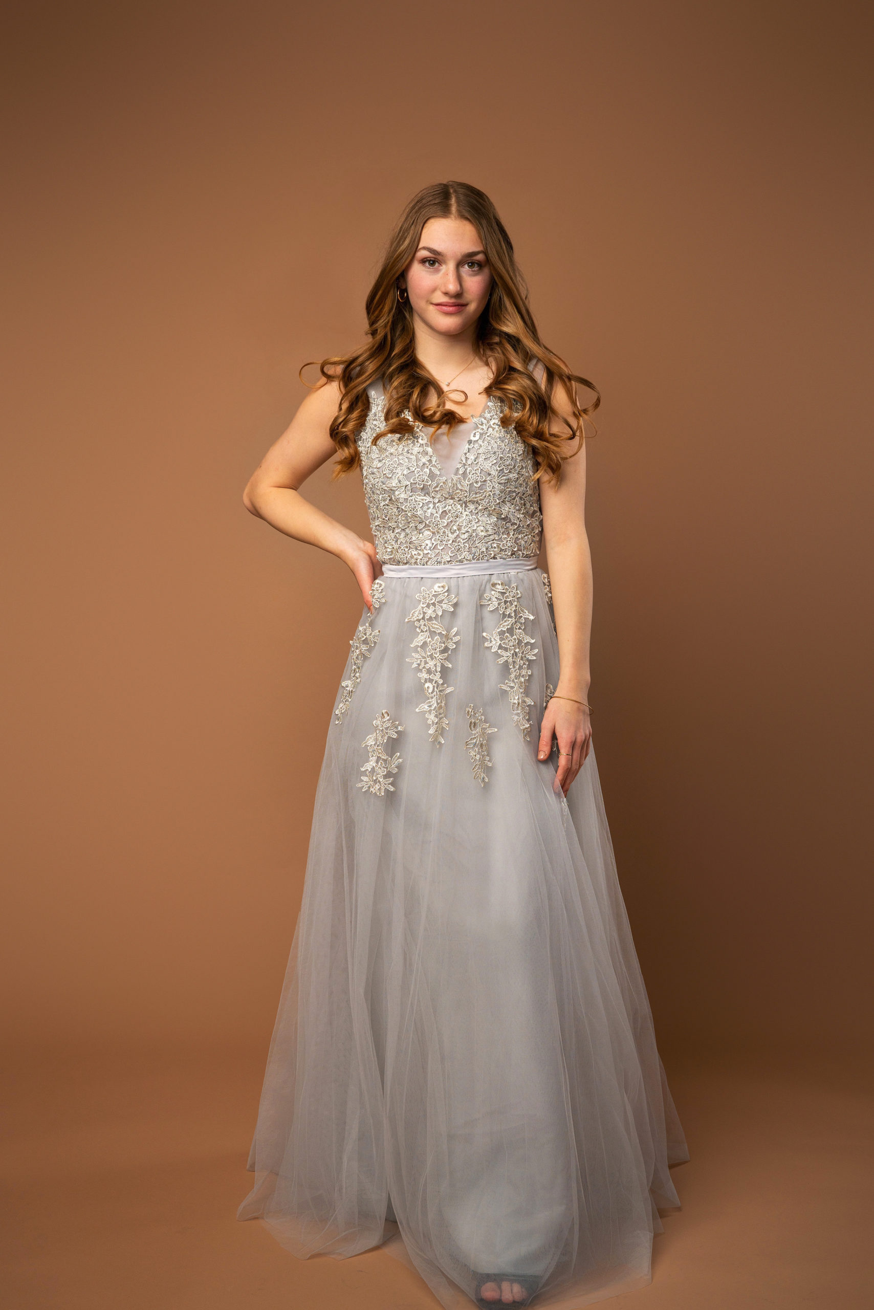 Gray Sleeveless Chiffon Gown with Lace Embellishments