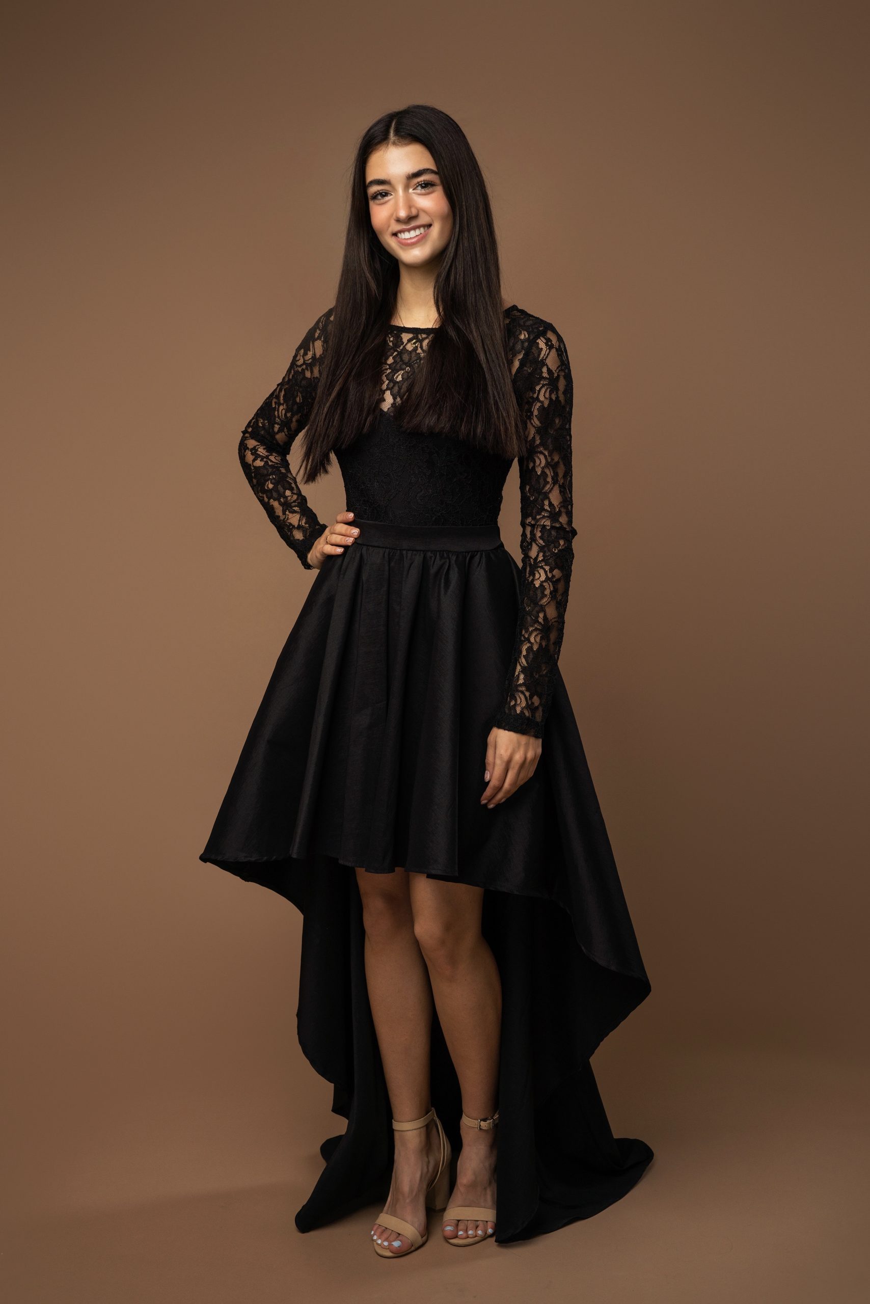 Black High Low Satin Dress with Lace Long Sleeves