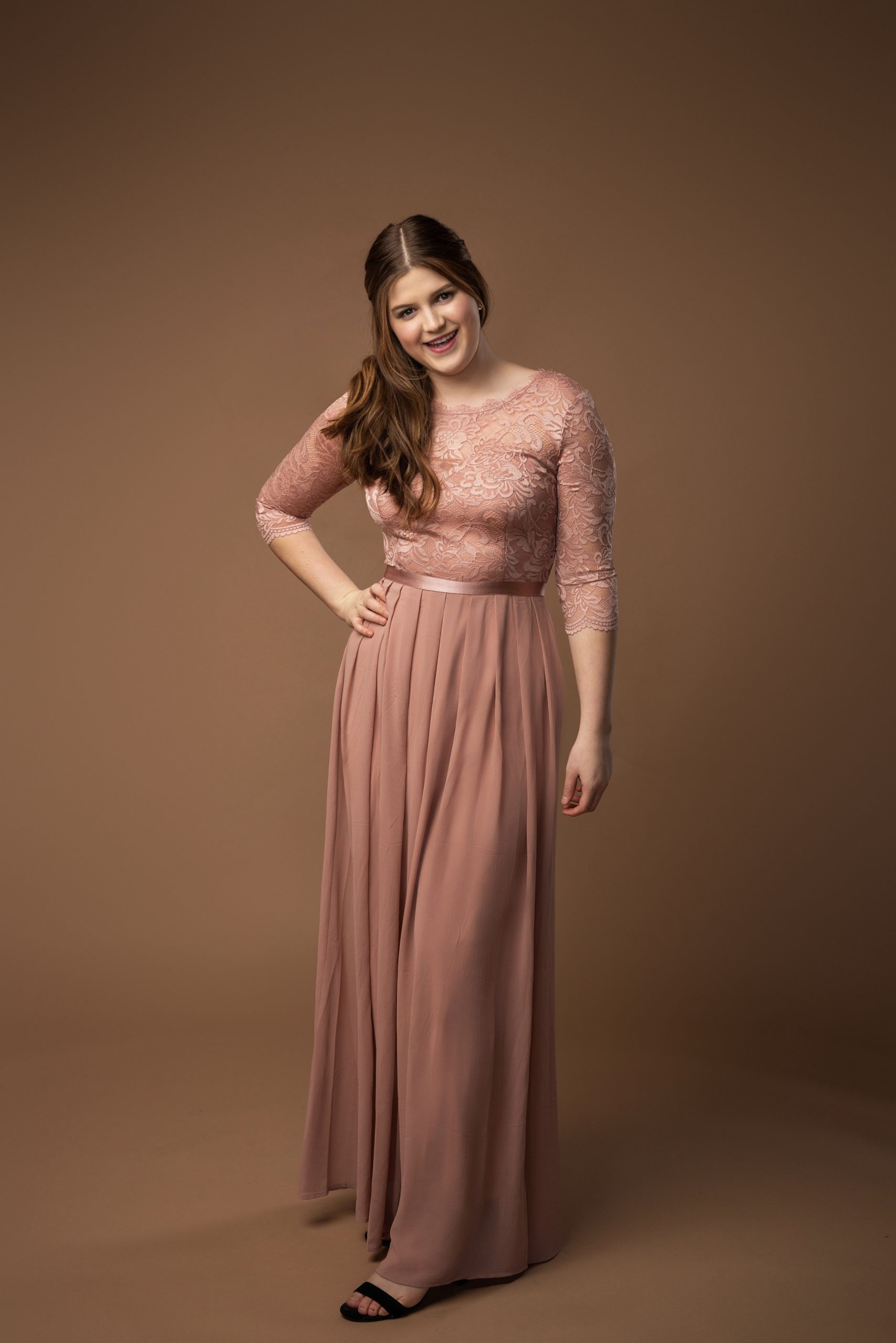 Light Pink Long Sleeves Chiffon Maxi Dress with Floral Lace Top