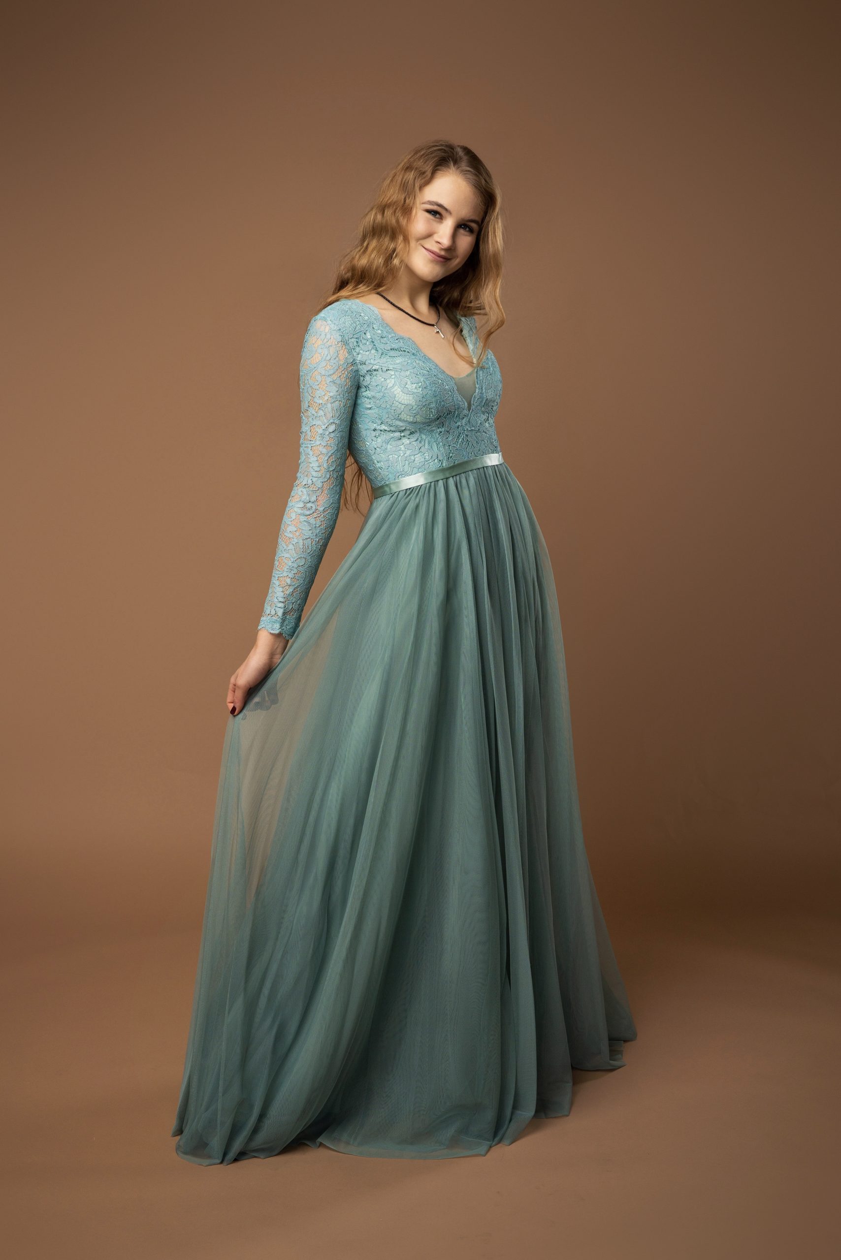 Turquoise Lace Long Sleeves Tulle Maxi Gown