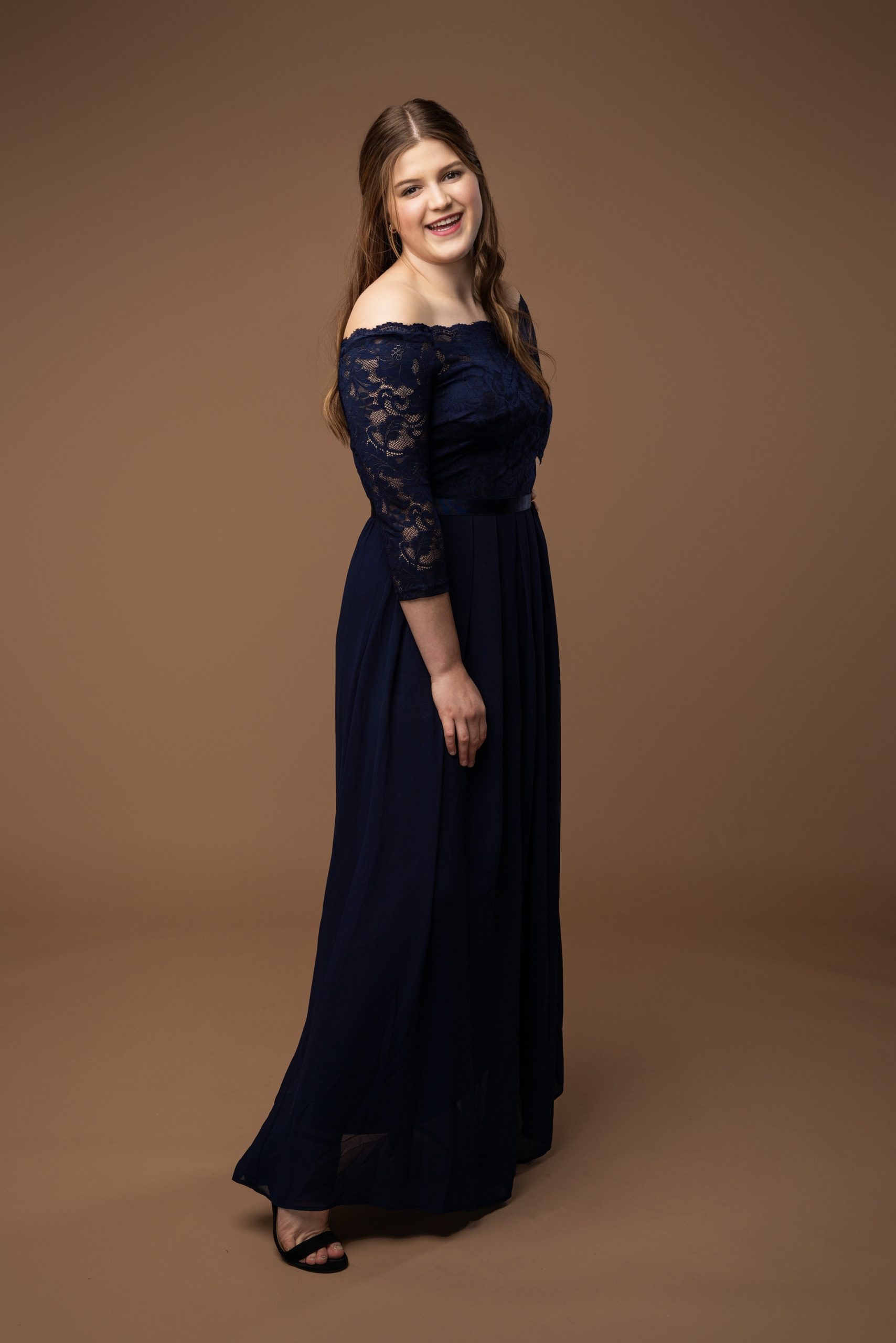 Navy Long Sleeves Chiffon Maxi Dress with Floral Lace Top