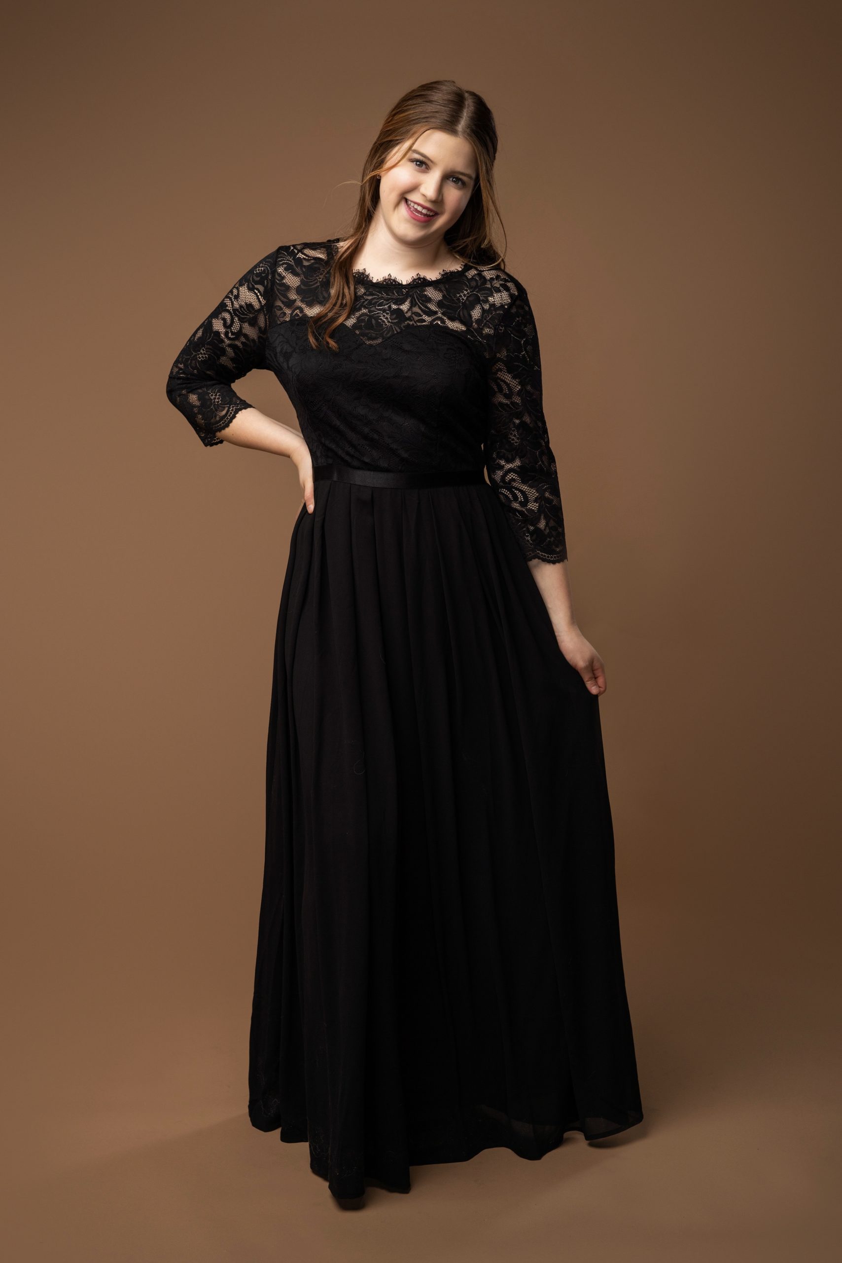 Black Chiffon Long Sleeves Maxi Dress with Floral Lace Top