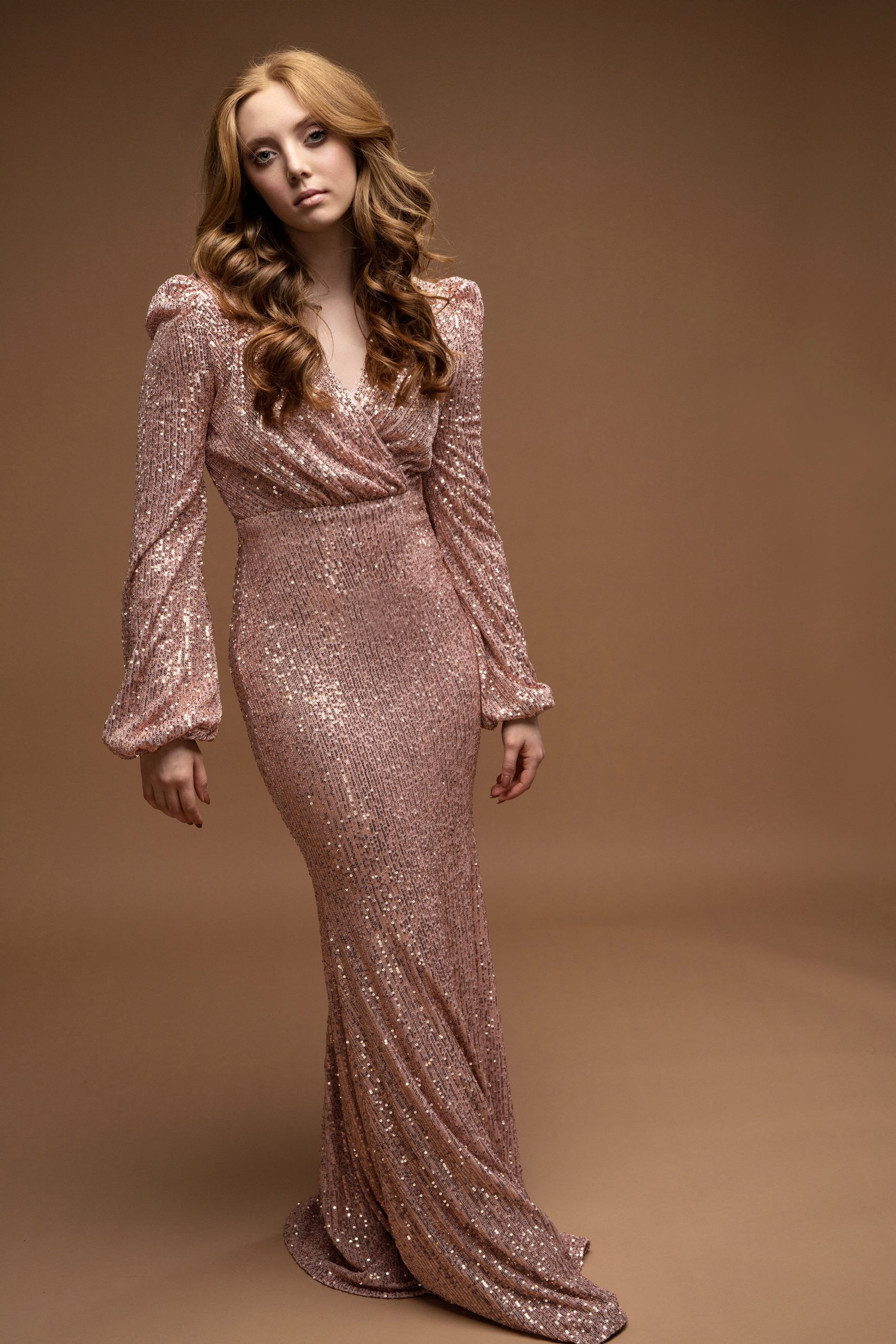 Pink Sequence Long Sleeve Maxi Mermaid Gown
