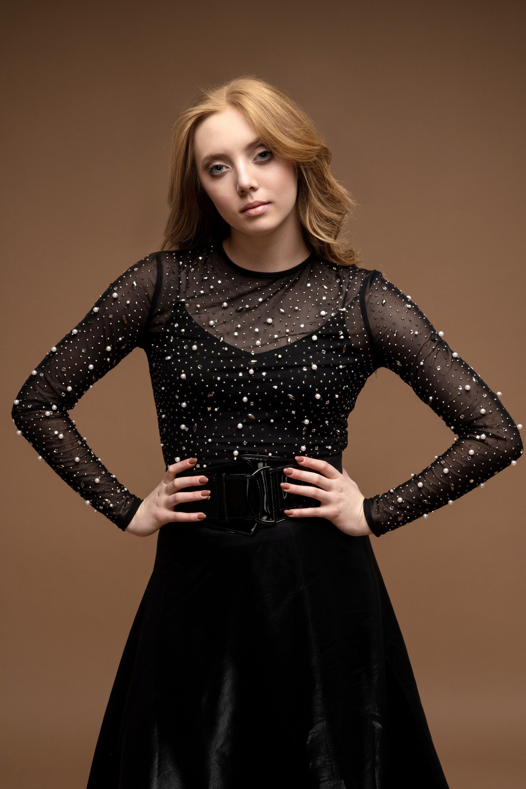 Black Mesh Long Sleeve Top with Embellishments